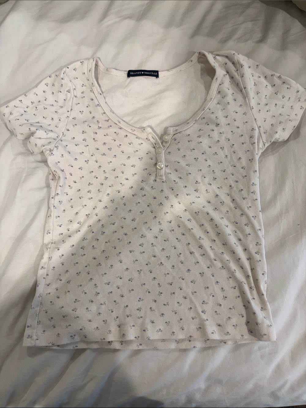 Brandy Melville White Micro Floral Henley Tee
